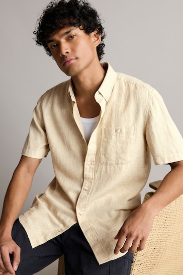 Natural Standard Collar Linen Blend Short Sleeve Shirt
