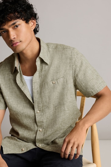 Green Standard Collar Linen Blend Short Sleeve Shirt