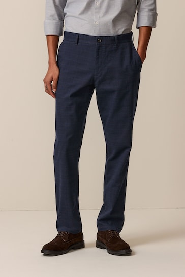 Navy Check Slim Brushed Belted Chinos Trousers