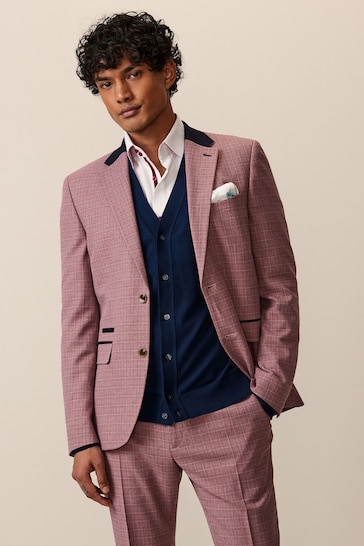 Pink Skinny Fit Check Suit Jacket