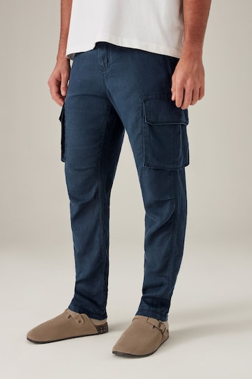 Navy Blue 100% Linen Cargo Trousers
