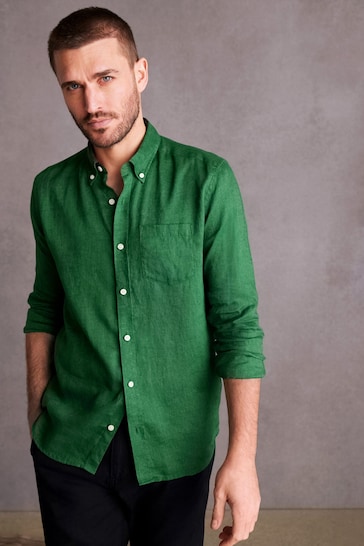 Green Standard Collar Signature 100% Linen Long Sleeve Shirt