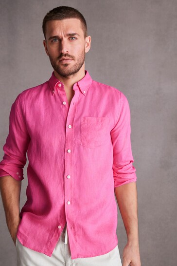 Pink Standard Collar Signature 100% Linen Long Sleeve Shirt