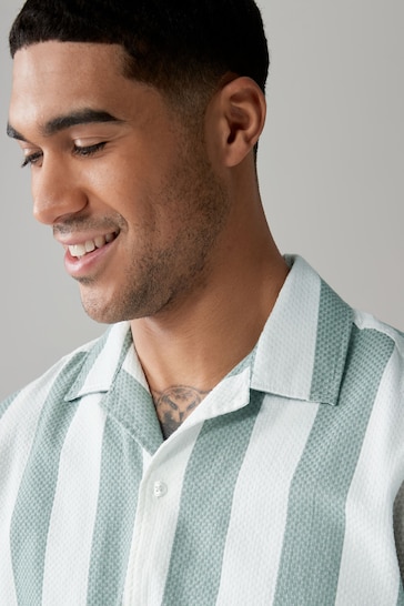 Green Textured Stripe Short Sleeve Shirt with Cuban Collar