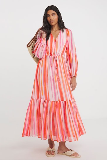 JD Williams Pink Stripe Printed Chiffon Balloon Sleeve Maxi Dress