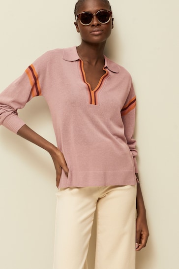 Blush Pink Tipped Linen Polo Long Sleeve Jumper