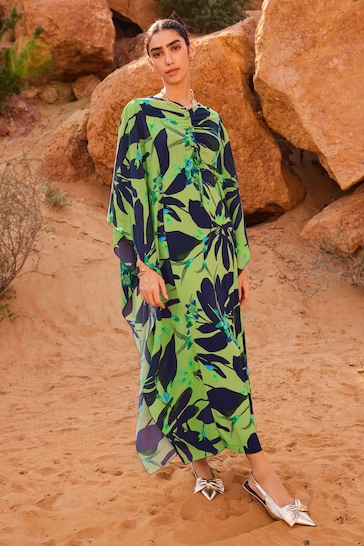 Green and Navy Floral Co-ord Half Sleeve Ruched Front Kaftan Dress