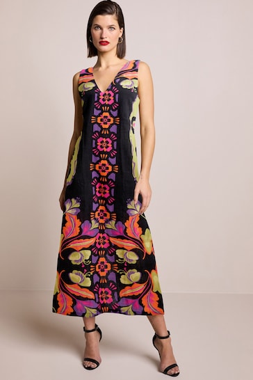 Multi Floral Print Linen Blend V-Neck Midi Dress
