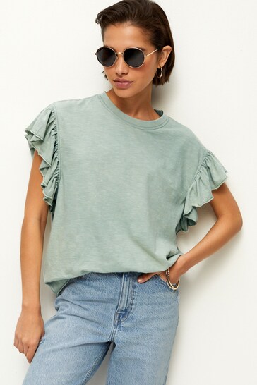 Sage Green Sparkle Stud Ruffle Sleeve T-Shirt