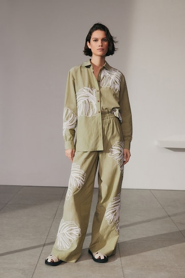 Khaki Green Embroidered Palm Print Trousers