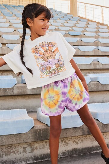 Ecru White Sequin Celestial Graphic T-Shirt and Tie Dye Shorts Set (3-16yrs)