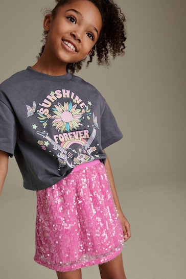 Pink Grey Flower T-Shirts And Pink Sequin Skirt Set (3-16yrs)