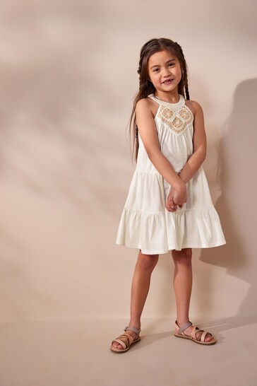 White Crochet Tiered Jersey Dress (3-16yrs)