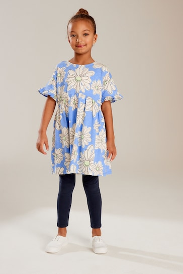 Blue Daisy Floral Print Short Sleeve Jersey Dress and Legging Set (3-16yrs)
