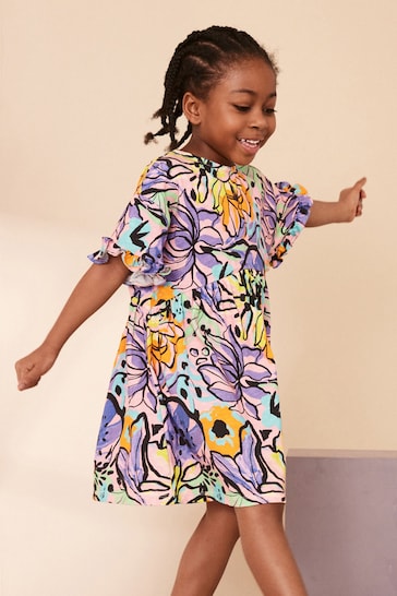 Purple Tropical Print Short Sleeve Cotton Jersey Dress (3-16yrs)