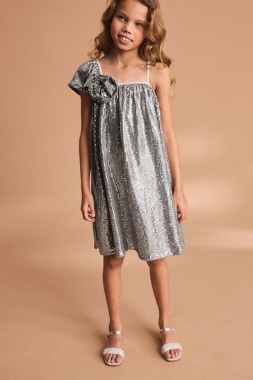 Silver Sequin One Shoulder Party Dress (3-16yrs)
