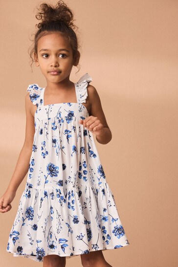 Blue Floral Printed Tiered Dress (3-16yrs)