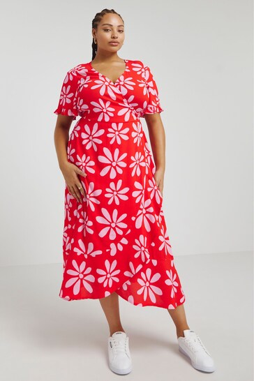 Simply Be Red Floral Print Crinkle Wrap Midi Dress