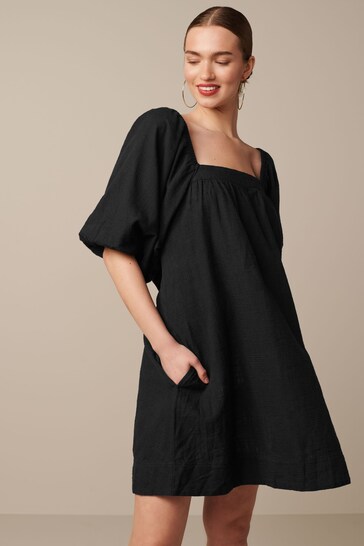 Black Linen Blend Puff Sleeve Mini Dress