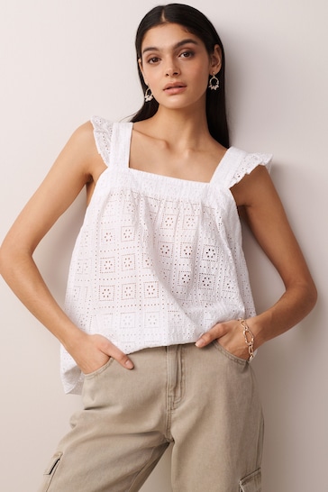 White Broderie Frill Sleeve Embroidered Cami Top