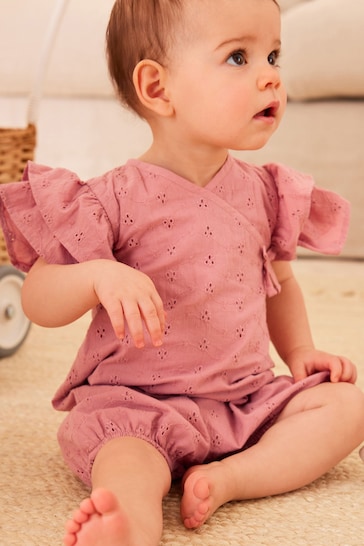 Pink Broderie Baby Wrap Romper (0mths-3yrs)