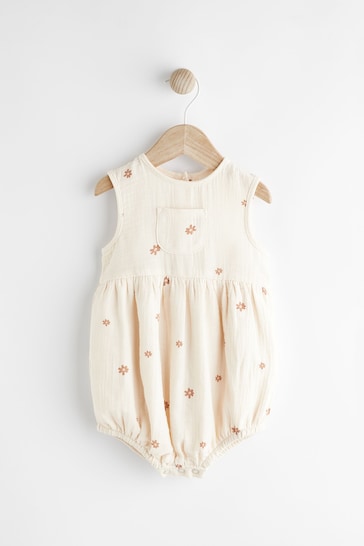Beige Floral Embroidery Baby Bloomer Romper (0mths-3yrs)