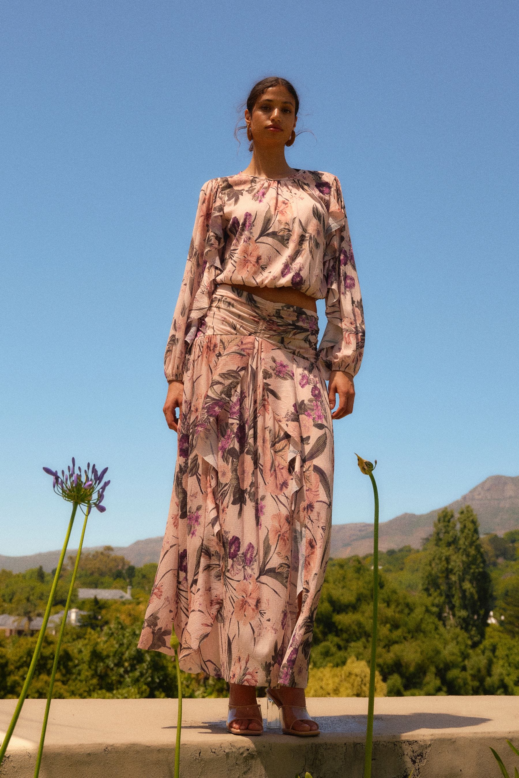 Pink floral long skirt clearance