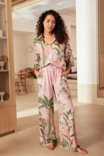 Pink Tropical Linen Blend Button Through Pyjamas