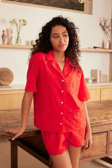 Red Broderie Button Through Short Set Pyjamas