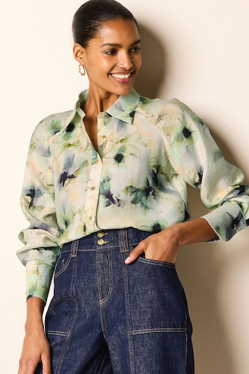 Ecru Floral Button Through Shirt With Hardwear Buttons