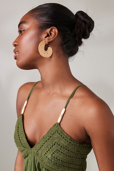 Natural Raffia Weave Wide Hoop Earrings