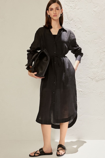 Black TENCEL™ Blend Belted Shirt Dress with Linen