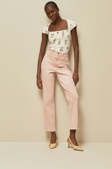 Pink Cropped Straight Jeans