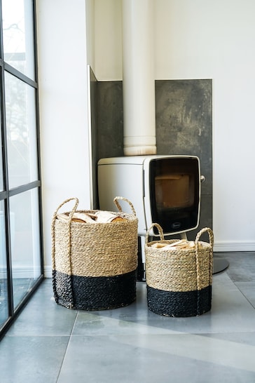 Ivyline Set of 2 Black Seagrass Log and Kindling Baskets