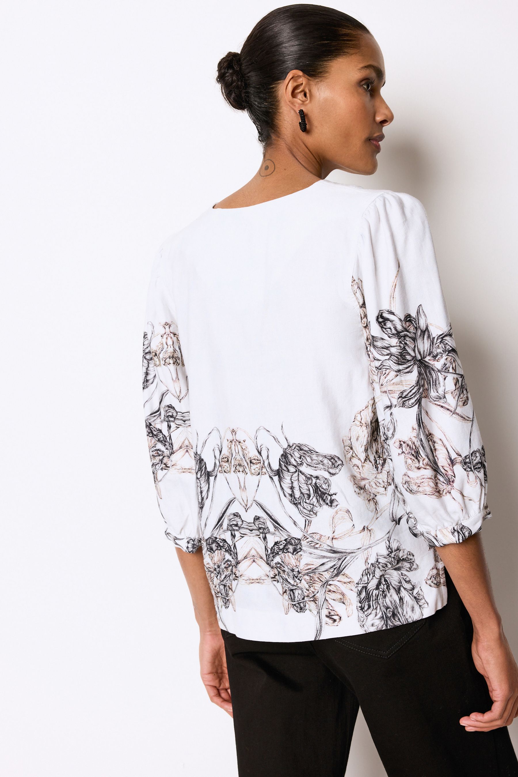 Buy White/Black Floral Placement Linen Blend V-Neck 3/4 Sleeve Blouse ...