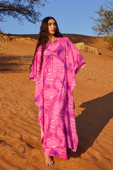 Pink Floral Co-ord Half Sleeve Ruched Front Kaftan Dress