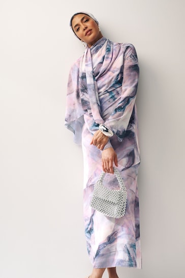 Purple Smudge Print Long Sleeve Column Maxi Dress
