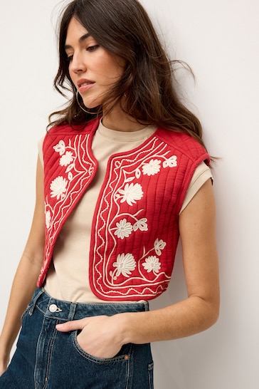 Red/White Floral Embroidery Waistcoat