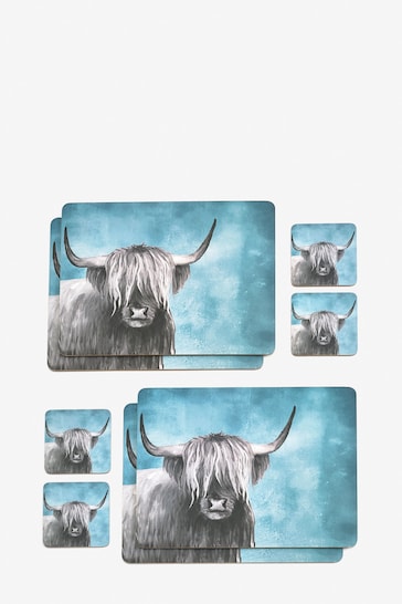 Set of 4 Teal Blue Hamish The Highland Cow Placemats And Coasters