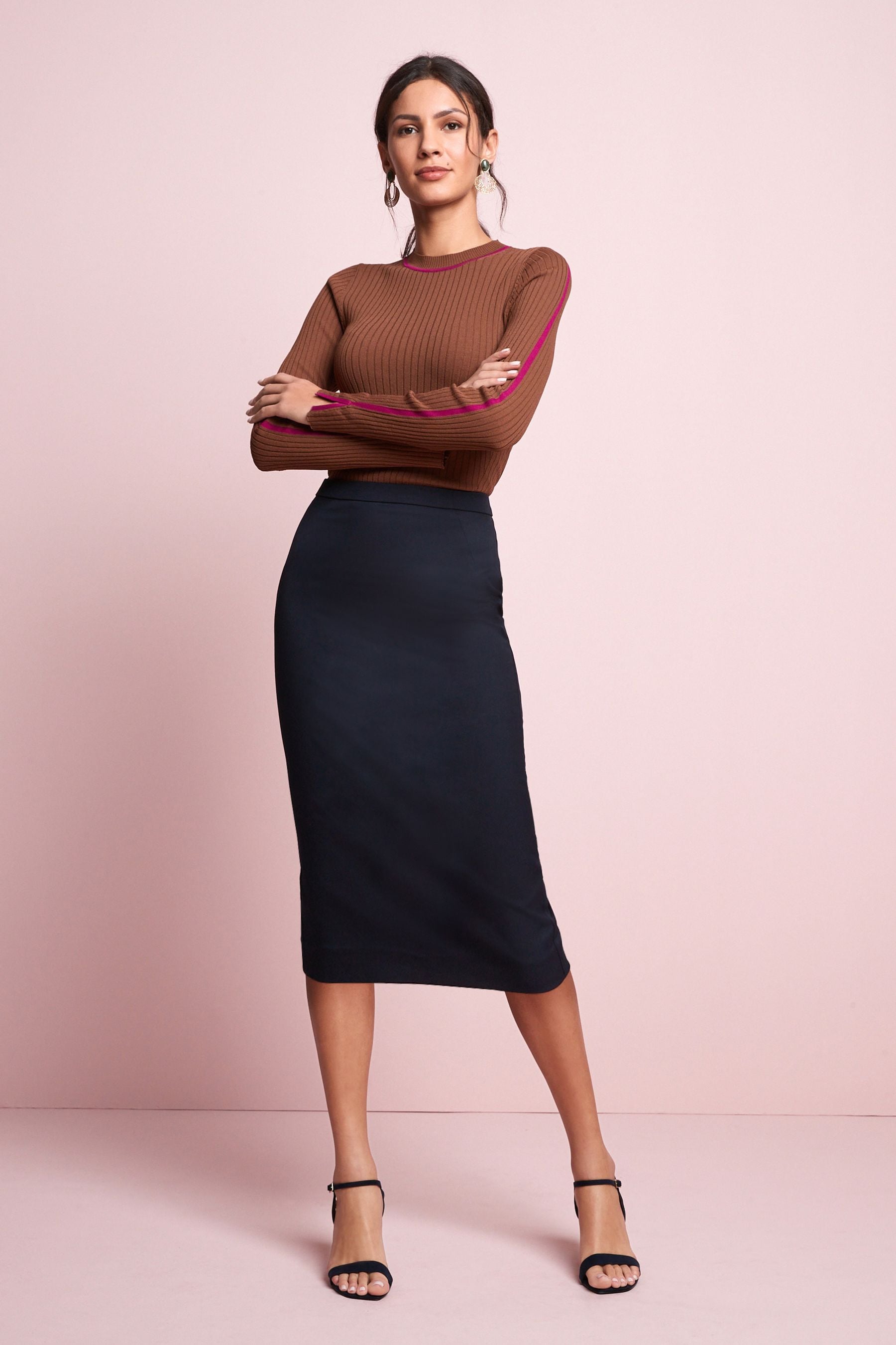 Navy blue midi pencil skirt sale