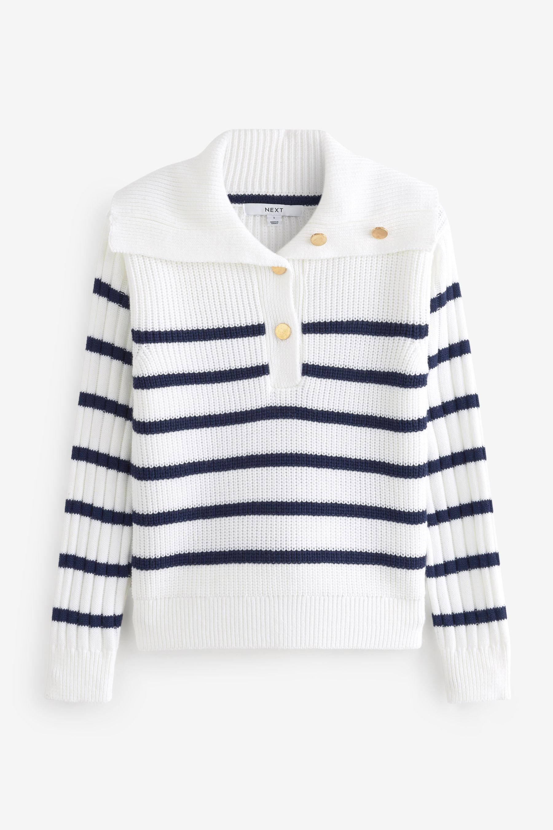 Buy Ecru White/Navy Blue Striped Button Up Fly Collar Jumper from the ...