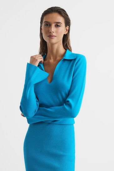 Reiss Blue Elaina Petite Rib-Knitted Midi Dress