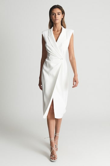 Reiss White Cecile Tuxedo Bodycon Midi Dress