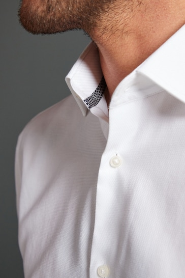 White Slim Fit Signature Textured Single Cuff Shirt With Trim Detail