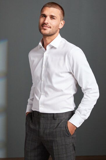 White Slim Fit Signature Textured Single Cuff Shirt With Trim Detail