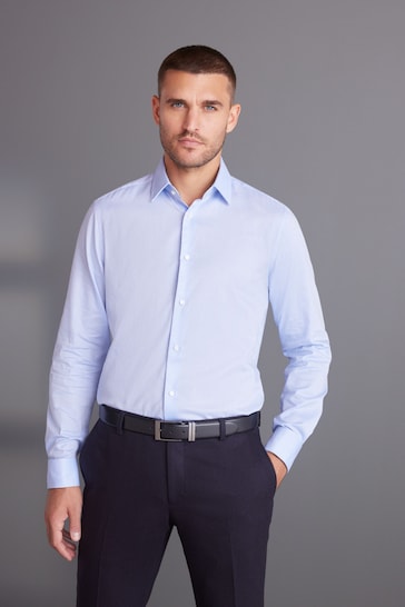 Blue Regular Fit Signature Textured Double Cuff Shirt With Trim Detail