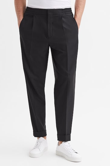 Reiss Black Brighton Relaxed Drawstring Trousers with Turn-Ups