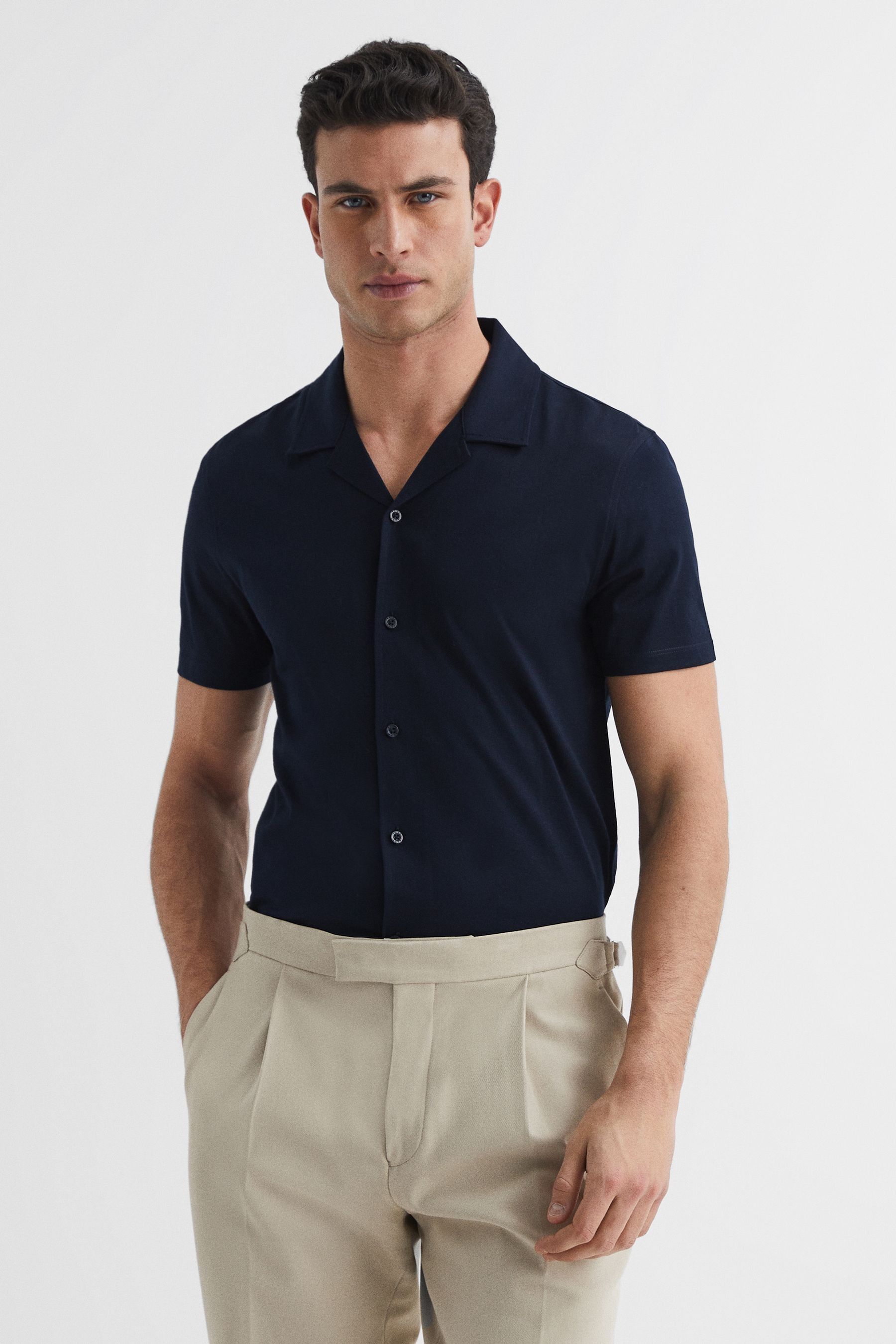 Buy Reiss Navy Caspa Mercerised Jersey Cuban Collar Shirt from the Next ...