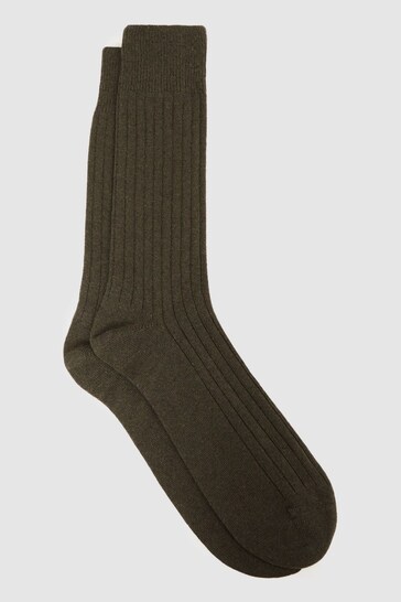 Buy Reiss Khaki Cirby Wool-Cashmere Blend Ribbed Socks from the Next UK ...