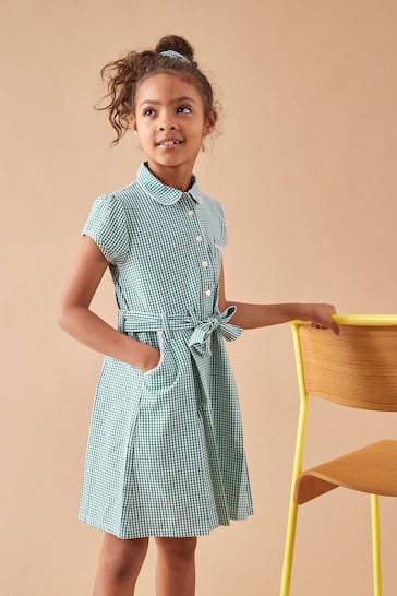 Green Cotton Rich Belted Gingham School Dress With Scrunchie (3-14yrs)